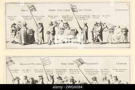 La processione funebre di Frederik Hendrik (targa n. 13), 1647, 1647 - 1651 stampare la processione funebre del titolare Frederik Hendrik a l'Aia il 10 maggio 1647. Targa n.. 13 con parte della processione con portatori di stendardo e tre cavalli, sopra il popolo ci sono il loro nome e la loro funzione. Parte di una serie di 30 lastre e 20 riviste di testo, destinate ad essere attaccate insieme. Tipografia: Olanda settentrionale spublisher: The Hagueprinter: Amsterdam cartaceo corteo, processione funebre l'Aia Foto Stock