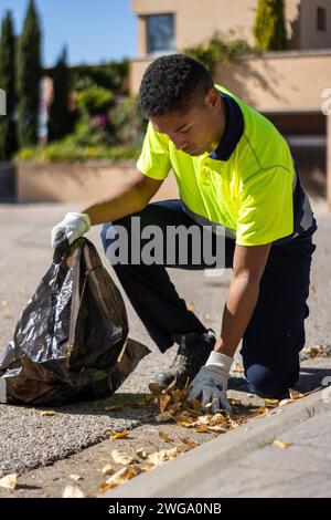 Immagine verticale di un pulitore stradale che si accovaglia in uniforme e raccoglie foglie secche dalla strada con la mano e le colloca in un sacco della spazzatura Foto Stock