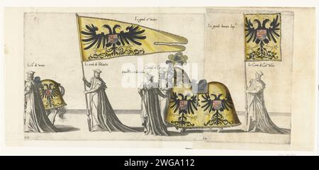 Fa parte della parata, no 22 e 23, 1619 stampa quattro partecipanti alla parata, cavalli e uno striscione imperiale e un partecipante alla parata con il grande striscione imperiale. Parte della serie stampata della processione funeraria dell'imperatore Karel V il 29 dicembre 1558 a Bruxelles. Stampa n.. 22 e stampa n.. 23 bloccati insieme. Corteo di incisione/incisione della carta dei Paesi Bassi meridionali, processione funebre Foto Stock