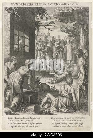 Gundeberga, regina dei Longobardi, guarda il Duel, Raphaël Sadeler (i), dopo Johann Mathias Kager, 1615 stampa Gundeberga, regina dei Longobardi, è intrappolato in una cella. E' accusata di un tentativo di omicidio contro suo marito. Guarda dalla sua finestra al gioco tra due cavalieri che il suo destino determinerà. La stampa ha una didascalia latina ed è la quattordicesima stampa di una serie di 60 parti sul tema dei santi di Baviera. München incisione / incisione di carta persone storiche - BB - donna. duello giudiziario. prigione, prigione. Regina, imperatrice, ecc. (moglie di un sovrano) Baviera Foto Stock