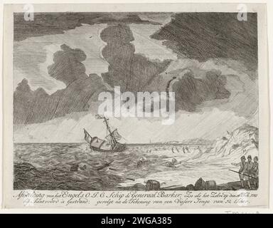 Stranding of the General Barker vicino a Zandvoort, 1781, Anonymous, 1781 stampa Stranding of the English East Indies General Barker vicino Zandvoort, 16 febbraio 1781. I marinai e le parti del carico sciacquano sulla costa. Tipografia: Olanda settentrionale disegno di: Zandvoort carta incisione / incisione relitto a terra Zandvoort Foto Stock