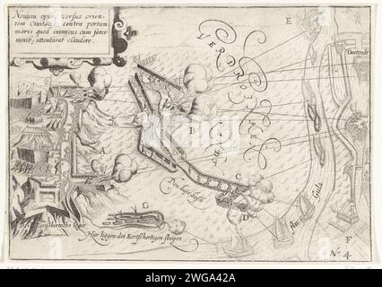 Assedio di Ostenda: Sparare alle navi che riforniscono la città, 1603, 1615 stampe assedio di Ostenda: Pesanti bombardamenti dai forti spagnoli delle navi di Stato che tentano di rifornire la città. Scaricando molti colpi dalla città con grandi cannoni, si poteva posare una cortina fumogena in modo che la vista delle navi fosse tolta, 1603. In alto a sinistra un cartiglio con iscrizione in latino. Numerato in basso a destra: 4. Carta paesi bassi incisione Vittoria, posizione era Ostenda Foto Stock