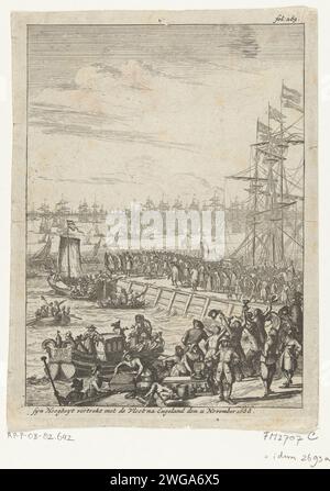 Guglielmo III parte con la flotta in Inghilterra, 1688, 1689 stampe il principe Guglielmo III parte con la flotta da Hellevoetsluis all'Inghilterra, 11 novembre 1688. Il principe dice addio sul molo. Contrassegnato in alto a destra: Fol: 269. Partenza per l'incisione della carta nei Paesi Bassi settentrionali  viaggio a Hellevoetsluis Foto Stock