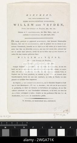 Dichiarazione della stampa con il monumento della tomba allegorica per il principe Willem V, 1806, J. Breeman, 1806 foglio di testo dichiarazione appartenente alla stampa con il monumento funerario allegorico per il principe Willem V, morto il 9 aprile 1806. Foglio di testo stampato con una spiegazione dello spettacolo e dei prezzi delle varie stampe con l'editore di Ledden Hulsebosch. Stampa di carta da lettera Amsterdam Foto Stock