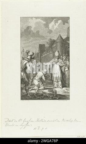 Dirk vi supplica il vescovo di Utrecht per il perdono, 1146, 1789 stampa Dirk vi, conte d'Olanda, supplica De Hartbert, vescovo di Utrecht per il perdono. Secondo FM nel 1143. In realtà ciò è avvenuto nel 1146. Dirk assediò la città di Utrecht. Quando il vescovo minacciò di vietare il conte, Dirk si pentì e chiese al vescovo perdono. Il vescovo dona il conte che inginocchia il perdono per le sue azioni. Incisione della carta olandese Utrecht Foto Stock