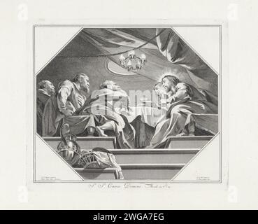 Ultima cena, Jan Punt, dopo Jacob de WIT, dopo Peter Paul Rubens, 1752 stampa ultima cena; sotto la rappresentazione ottagonale un verso in latino da opaco. 26:20. Amsterdam paper etching / incisione ultima cena (in generale) (Matteo 26:21-35; Marco 14:18-31; Luca 22:3, 22:15-23; Giovanni 13:21-38) Carolus Borromeuskerk Foto Stock