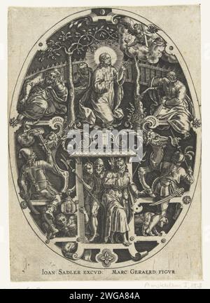 Cristo che prega nella Hof van Gethsemane, 1560 - 1600 stampa Cristo che prega e in fondo a Giuda e soldati. Sfondo ombreggiato. Dalla serie di 14 ovali con tesken in cui sono raffigurate scene della passione. Olanda (forse) carta incisione Getsemani, Monte degli Ulivi, 'Oelberg' (Matteo 26:36-56; Marco 14:32-52; Luca 22:39-53; Giovanni 18:1-12). Il bacio di Giuda: Accompagnato da soldati con torce e lanterne, bacia Cristo Foto Stock