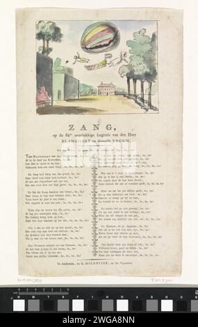Volo in mongolfiera da Blanchard, 1807, Anonymous, 1807 drawing. Foglio di testo che decolla la mongolfiera con Jean Pierre Blanchard e sua moglie Marie Madeleine Sophie Armant dal Koekamp a l'Aia, 9 luglio 1807. Nello spettacolo entrambi cadono dalla chiatta sotto il palloncino. Sotto l'immagine una canzone spot in dodici versi a quattro righe su Blanchard e sua moglie. Disegnatore: Netherlandspublisher: Amsterdam carta penna / pennello / letterpress pallone da stampa (aviazione) Cookie lamp Foto Stock
