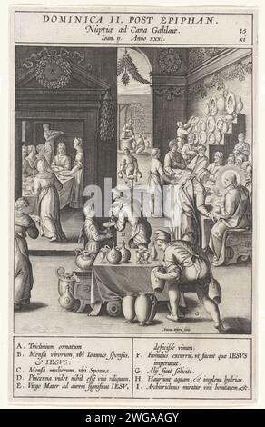 BUUILOFT te KANA, ANTONIE WIERIX (II), dopo Bernardino Passeri, 1593 stampa la coppia nuziale e gli ospiti sono seduti intorno a un tavolo. Maria dice a Cristo che non c'è più vino. L'acqua nelle botti diventa vino dopo la benedizione di Cristo. I vari elementi delle prestazioni sono lettere che corrispondono alla legenda nel margine. Carta di Anversa che incide Cristo ordina (sei) vasetti da riempire d'acqua  festa del matrimonio a Cana Foto Stock