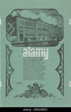 Desiderio di Capodanno da Amsterdam Night Watch per l'anno 1870, Anonymous, 1869 - 1870 stampa il desiderio di Capodanno da Amsterdam Night Watch (Ratelwacht) per l'anno 1870. In fondo a una poesia, in cima alla Nederlandsche Bank con il nuovo edificio sull'Oude Turfmarkt completato nel 1868. Amsterdam carta da lettera stampa Amsterdam. La banca olandese. Vecchio mercato di tappeti erbosi Foto Stock
