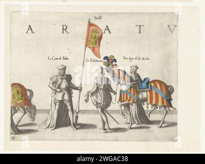 Fa parte della parata, no 13, 1619 stampa tre partecipanti alla parata, cavalli e lo striscione con l'arma di Siviglia. Parte della serie stampata della processione funeraria dell'imperatore Karel V il 29 dicembre 1558 a Bruxelles. Corteo di incisione/incisione della carta dei Paesi Bassi meridionali, processione funebre Bruxelles. Siviglia Foto Stock