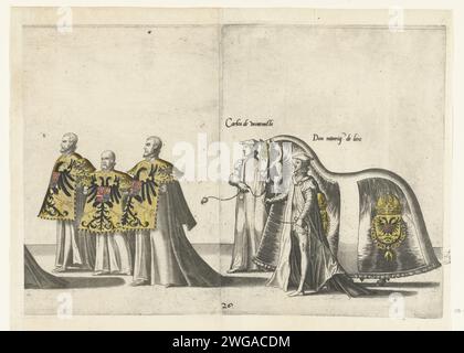 Fa parte della parata, no 25 e 26, 1619 stampano cinque partecipanti alla parata e un cavallo decorato con l'arma imperiale. Parte della serie stampata della processione funeraria dell'imperatore Karel V il 29 dicembre 1558 a Bruxelles. Parte del numero di stampa 25 e stampa n.. 26 bloccati insieme. Corteo di incisione/incisione della carta dei Paesi Bassi meridionali, processione funebre Foto Stock