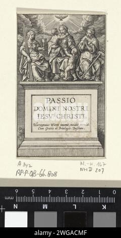 Virtù divine, Hieronymus Wierix, 1563 - prima del 1619 stampa Pieth Stable con il titolo seriale in latino. In cima ci sono le tre virtù divine: Fede (con croce), amore (con figli piccoli) e speranza (con ancora). Sopra di loro lo Spirito Santo come piccione. Carta di Anversa che incide le tre virtù teologiche. Spirito Santo rappresentato come colomba (in fiamme) Foto Stock