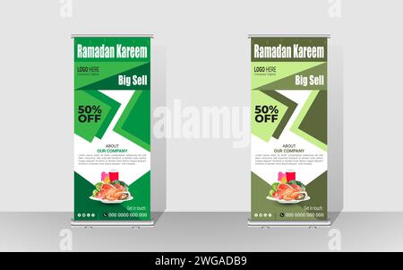 Design del modello di banner rollup felice Ramadan. Ramadan vende o offre al meglio Billboard Design. Illustrazione Vettoriale