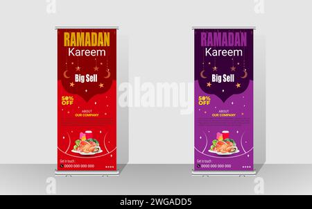 Design del modello di banner rollup felice Ramadan. Ramadan vende o offre al meglio Billboard Design. Illustrazione Vettoriale