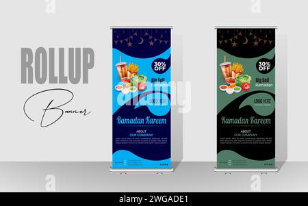 Design del modello di banner rollup felice Ramadan. Ramadan vende o offre al meglio Billboard Design. Illustrazione Vettoriale