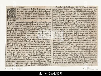 Foglio di testo in stampa con la partenza del re Carlo II d'Inghilterra da Scheveningen all'Inghilterra, 1660, 1660 foglio di testo in stampa con la partenza del re inglese Carlo II da Scheveningen all'Inghilterra, 2 giugno 1660. Testo in due colonne in francese. Stampa carta da lettera nei Paesi Bassi del Nord Scheveningen Foto Stock