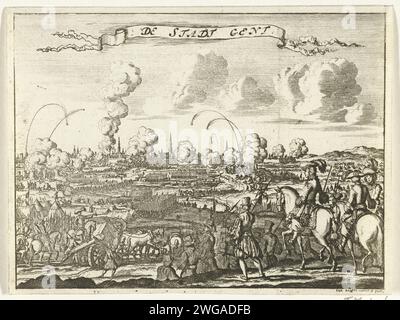 Assedio di Gand da parte dei francesi, 1678, 1689 assedio della città di Gand da parte dell'esercito francese sotto il re Luigi XIV La città fu presa il 9 marzo 1678. In primo piano ufficiali francesi a cavallo, a Gand. Carta olandese settentrionale incisione Vittoria, posizione era Gand Foto Stock