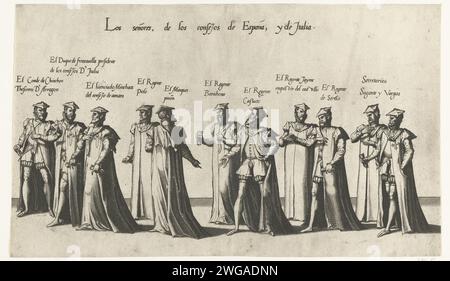 Membri dei consigli spagnoli e italiani, no 33, 1559 stampa membri dei consigli spagnoli e italiani. Parte della serie stampata della processione funeraria dell'imperatore Karel V il 29 dicembre 1558 a Bruxelles. Corteo di incisione/incisione della carta dei Paesi Bassi meridionali, processione funebre Bruxelles Foto Stock