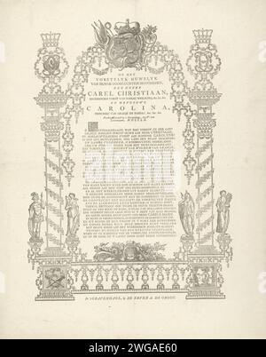 Fresco al matrimonio di Karel Christiaan van Nassau-Weilburg con la principessa Carolina, 1760, 1760 stampa. Poema foglia con un verso sul matrimonio di Karel Christiaan van Nassau-Weilburg con la principessa Carolina nel Grote Kerk a l'Aia il 5 marzo 1760. Testo in un bordo decorativo di ornamenti per tipografi (Philets) con alcune armi e figure allegoriche e vignette. Stampa su carta da lettera dell'Aia Foto Stock