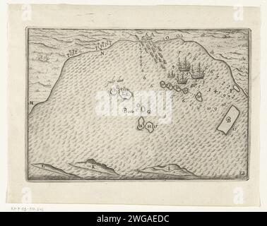 Baia di Bantam, 1596, 1646 stampa Mappa della Baia di Bantam (Banten) su Giava con le quattro navi, 1596. Stampe dei documenti elaborati per le illustrazioni originali nel rapporto di viaggio del primo Schipvaert da Cornelis de Houtman alle Indie Orientali nel 1595-1597. No. 12. Esplorazione, spedizione, viaggio di scoperta, incisione/incisione della carta dei Paesi Bassi del Nord. paesaggi nelle regioni tropicali e subtropicali. Mappe di diversi paesi o regioni Bantam Foto Stock