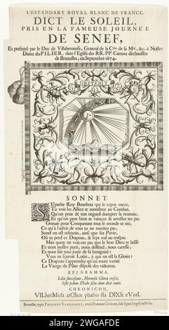 Lo Standard reale francese è stato catturato nella battaglia di Seneffe, 1674, 1674 stampare il Royal French Standard con un sole radioso, catturato dalla battaglia di Seneffe l'11 luglio 1674 tra gli alleati spagnoli, le truppe imperiali e statali sotto Guglielmo III da un lato e i francesi sotto il Principe di Condé dall'altro. De Standaard fu offerto a Bruxelles in settembre al duca di Villahermosa. Con un sonetto in francese e un epigramma e tempo fresco in latino. Tipografia: Olanda meridionale spublisher: Striscione per stampa su carta/tipografica Bruxelles, standard (simbolo della sta Foto Stock