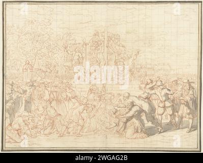 Mutilazione dei corpi dei fratelli De Witt, 1672, 1728 disegno della mutilazione dei corpi dei fratelli Johan e Cornelis de Witt, 20 agosto 1672. In primo piano, le parti del corpo sono strappate e vendute. Progettare una stampa. Carta dei Paesi Bassi del Nord. tentativo di spazzolatura di gesso, omicidio politico. morte violenta, essere uccisi; essere maltrattati e maltrattati; cercare la morte (+ morte per linciaggio). linciaggio. Mutilazione del cadavere l'Aia Foto Stock