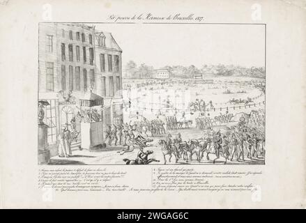 Cartoon at the parties at the Brussels Fair, 1827, Unknown, 1827 stampa il caos della fiera di Bruxelles con vari corpi musicali in primo piano del concorso VAM 17 luglio 1827 tornando nei luoghi da cui provengono. A destra due ladri vengono portati via dai gendarmi su un carrello. Sullo sfondo una corsa di cavalli su un ippodromo. Ha lasciato Manneken Pis e un carrello pieno di clown che ha attraversato due clown. Sotto lo spettacolo De leggenda 1-13 in francese. Cartoni animati sul concorso musicale a Bruxelles, 17 luglio 1827. Banda di ottone di carta dei Paesi Bassi meridionali, banda di strada. concorso, concorso d'arte. cavallo- Foto Stock