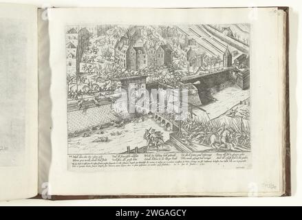 I francesi scacciati da Anversa, 1583, 1583 - 1585 stampa i soldati francesi vengono scacciati dalla città dai civili armati di Anversa, 17 gennaio 1583. I soldati fuggono dalla città attraverso il Kipdorppoort. Con didascalia di 10 righe in tedesco e 2 righe in francese. Numero: 54. Carta di Colonia incisione Chicken Village Gate Foto Stock