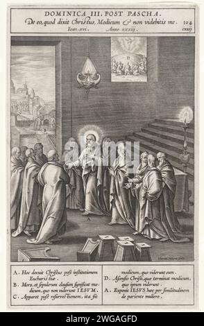 Cristo predice la sua morte e risurrezione, Hieronymus Wierix, dopo Bernardino Passeri, 1593 stampa Cristo dice ai suoi studenti: "Un altro breve tempo e non mi vedi più, ma poco dopo mi vedi di nuovo". Sullo sfondo attraverso la finestra si può vedere l'Ascensione di Cristo. Ci sono lettere che corrispondono alla legenda nel margine. Carta di Anversa incisione di Cristo foretelling His Passion (in varie occasioni) (Matteo 16:21, 17:22-23; Marco 8:32, 9:31; Luca 9:22, 9:44). Eventi poco prima della Resurrezione. Resurrezione di Cristo Foto Stock