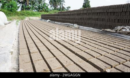 Mattoni tradizionali indonesiani crudi essiccati al sole Foto Stock