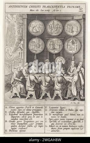 Cristo appare per l'ultima volta agli Apostoli, Antonie Wierix (II), dopo Bernardino Passeri, 1593 stampa Cristo appare sugli apostoli mentre mangiano. Li incolpa per la loro incredulità e testardaggine e dice che attraversano il mondo. Nei sei cerchi sopra il contenuto del Vangelo è raffigurato. Sullo sfondo si può vedere come Cristo è incluso nel cielo. I vari elementi delle prestazioni sono lettere che corrispondono alla legenda nel margine. Carta di Anversa che incide Cristo a tavola con gli apostoli  dopo la Resurrezione. L'Ascensione (Cristo circondato dalla radia Foto Stock