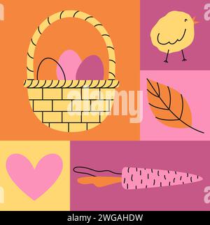 Oggetti geometrici rosa per una buona Pasqua. Cestino di uova, pulcino e carote. Illustrazioni vettoriali minimalistiche e alla moda Illustrazione Vettoriale