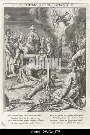 Tortura morte di Theodomarus van Salzburg, Raphaël Sadeler (i), dopo Peter de Witte, stampa del 1615 in primo piano, Theodomarus, vescovo di Salisburgo, viene torturato dai Saraceni. I suoi intestini sono usati per un Windas mentre i soldati saraceni stanno guardando. Un angelo discende dal cielo per registrare la sua anima. La stampa ha una didascalia latina ed è la 47a stampa di una serie di 60 parti sul tema dei santi di Baviera. München Santi per incisione/incisione su carta. morte violenta per distacco, estrazione dell'intestino. angeli che coronano e/o portano rami di palma in Baviera Foto Stock