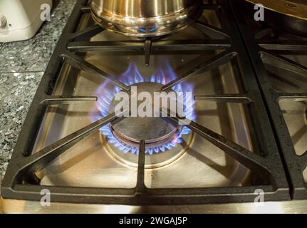 Un elemento a gas bruciato su una stufa a gas in acciaio inox naturale in una cucina residenziale California. Le battaglie legali stanno sfidando nuovi divieti sulle stufe a gas. Foto Stock