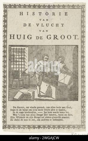 Stampa del titolo del libro scolastico storia del volo di Huig de Groot, 1800, 1795 - 1800 Stampa del titolo per la storia del volo di Huig de Groot, 1800. Hugo de Groot entrò nella scatola del libro, aiutato da sua moglie Maria van Reigersberg, 22 marzo 1621. Sotto la mostra un versetto di 6 righe. Legge e giurisprudenza per la stampa di carta in Olanda (+ fuga dalla prigione) slot Loevestein Foto Stock