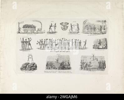 Cartone animato da Utrecht Student Almanac, 1833, 1833 stampa Cartoon from the Student Almanac of the University of Utrecht of the Year 1833. Foglia con dieci scene comiche e allegoriche della vita studentesca e della storia recente. Nelle prime due scene sui legami tra olandesi, inglesi e belgi. Questo include una sfilata dei cacciatori volontari di Utrecht. In alto a sinistra, una locomotiva a vapore attira un'auto piena di professori. Paesi Bassi . la vita studentesca. Locomotiva a vapore Utrecht Foto Stock