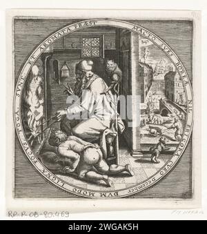 Il mese di dicembre, caldo vicino al fuoco, ca. 1600, 1650 - 1675 Stampa Round Show con il mese di dicembre. Un vecchio si riscalda davanti al fuoco di un camino, un ragazzo soffia il fuoco, CA. 1600, con il segno del Capricorno. Con bordo in latino. Stampa n.. 12 nella serie dei dodici mesi dell'anno raffigurati in scene della vita popolare. L'incisione cartacea dei paesi bassi di dicembre e i suoi "lavori”. Sagittario (segno zodiacale di novembre). Ci si riscalda davanti a un fuoco (o focolare, stufa, padella del fuoco, braciere) Paesi Bassi Foto Stock