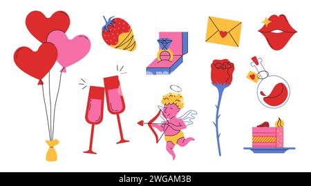Set di illustrazioni per il giorno di San Valentino. Graziosi oggetti retrò. Elementi disegnati a mano sull'amore. Raccolta vettoriale Illustrazione Vettoriale