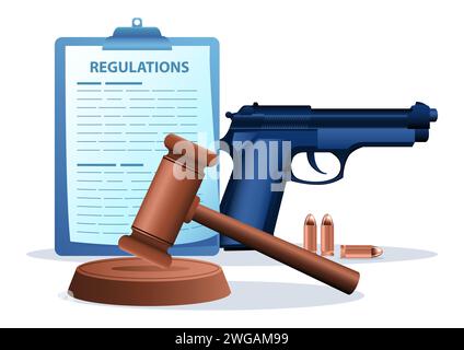 Giustizia del Gavel con armi e documenti normativi sullo sfondo, legge sulle armi da fuoco, controllo delle armi Illustrazione Vettoriale