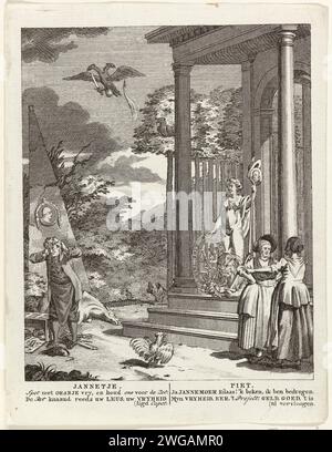 Allegoria sulla restaurazione di Orange, 1787, Anonymous, 1787 stampa rappresentazione allegorica sulla restaurazione dello Stadholder Willem V nel 1787. La Vergine olandese e il Leone sorvegliavano l'ingresso di un tempio. A sinistra, un patriota disperato, a terra ci sono uniformi e armi del villaggio libero. Sulla destra due donne, Jannetje e Piet, si parlano tra loro; la loro conversazione è nelle quattro righe della didascalia. Incisione/incisione della carta nei Paesi Bassi settentrionali Foto Stock