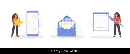 Serie di concetti di revisione del cliente. Donne che danno cinque stelle. Finestra di dialogo nell'applicazione con feedback. Carattere femminile che lascia un commento o. Illustrazione Vettoriale