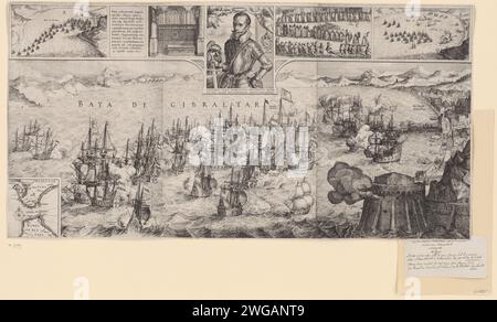 La battaglia di Gibilterra, 1607, 1607 stampa lotta marittima per Gibilterra il 25 aprile 1607, con l'Admiraal Jacob van Heemskerck morto. Battaglia marittima nella baia di Gibilterra tra la flotta statale al comando dell'ammiraglio Jacob van Heemskerck e la flotta spagnola al comando dell'ammiraglio Don Juan d'Alvares d'Avila. Tra i primi cinque piccoli spettacoli con: Le navi nella baia, il ritratto di Jacob van Heemskerck, la processione funeraria e la sua tomba nell'Oude Kerk ad Amsterdam. In basso a sinistra una scommessa con una carta dello Strait van Gibraltar. Grande spettacolo in tre piatti. Amsterdam paper etching Battle (+ forza navale) Str Foto Stock