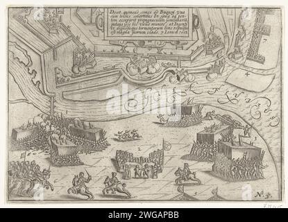 Assedio di Ostenda: Assalto da parte di Bucquoy il 7 gennaio 1602, 1615 stampa assedio di Ostenda: Assalto alle difese di Ostenda da parte delle truppe spagnole sotto il conte di Bucquoy il 7 gennaio 1602. Battaglie in basso a sinistra al Lunet sull'altra sponda del fiume Geule, nel mezzo di un cartiglio con un titolo in latino. Numerato in basso a destra: 5. assedio incisione/incisione di carta, guerra di posizione. Battaglia (+ forze terrestri) Ostenda Foto Stock