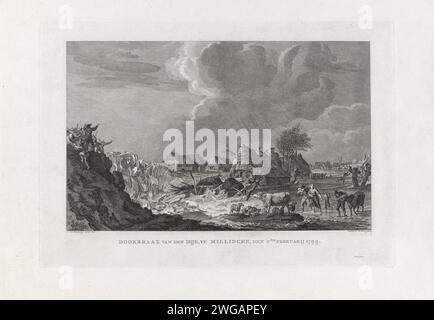 DijkBrraak a Millingen, 1799, Reinier Vinkeles (i), dopo Cornelis van Hardenbergh, 1799 - 1800 stampa breakthrough di Rijndijk vicino Millingen, 7 febbraio 1799. Parte di un gruppo di sei album di Dike Breakthrough e Flood nella parte meridionale di Gelderland nel febbraio 1799. Tipografia: Netherlandsprint maker: Netherlandsafter disegno di: Millingen carta incisione/incisione tempesta sulla terra. Dike-Break Millingen. Reno Foto Stock