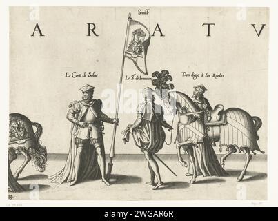 Fa parte della parata, no 13, 1559 stampa tre partecipanti alla parata, cavalli e lo striscione con l'arma di Siviglia. Parte della serie stampata della processione funeraria dell'imperatore Karel V il 29 dicembre 1558 a Bruxelles. Corteo di incisione/incisione della carta dei Paesi Bassi meridionali, processione funebre Bruxelles. Siviglia Foto Stock