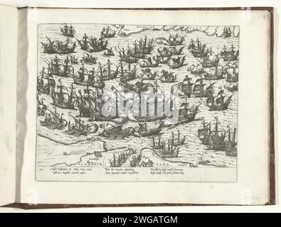 Spanish Armada in the Channel, 1588, 1588 - 1590 schermaglie stampate con l'Armada spagnola nel canale, tra dover e Calais, 30 maggio 1588. L'impronta mostra la battaglia marittima tra la flotta olandese al comando di Giustino di Nassau e l'Armada spagnola. In basso a destra tre Vlieboeken. Con didascalia di 2 righe in latino e 4 righe in tedesco. Numero: 112. Cologne paper etching English Channel Foto Stock