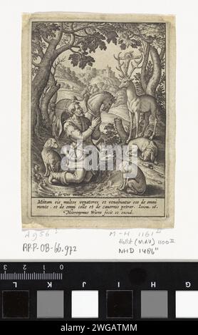 Conversione di H. Hubertus, Hieronymus Wierix, dopo Maerten de Vos, 1563 - prima del 1619 stampare il Santo Hubertus inginocchiato nella foresta per un deerbok con un crocifisso tra i suoi palchi. I suoi cani da caccia e il suo cavallo intorno a lui. A margine una citazione bidirezionale della Bibbia di Jer. 16 in latino. Incisione di carta ad Anversa mentre si va a caccia di San Hubert si trova di fronte ad un cervo bianco che porta un crocifisso tra le sue corna; Hubert si inginocchia davanti al cervo Foto Stock