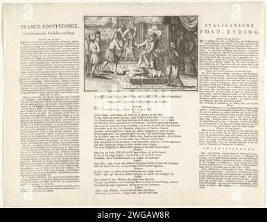 Cartone animato sulle perdite francesi in Brabante, Barcellona e Italia, 1706, 1706 cartoni animati sulle perdite francesi in Brabante, Barcellona e Italia nel 1706. Re Luigi XIV seduto sul suo trono riceve lettere con cattive notizie dal Brabante e da Barcellona. Sulla rivista sotto la targa un'immagine sui capituali di Dendermonde, su entrambi i lati le lettere fittizie datate 56 aprile, 69 marzo e 45 agosto, in olandese. Parte di un gruppo di singoli cartoni animati su Luigi XIV durante la guerra di successione spagnola, ca. 1701-1713. Incisione/incisione/stampa tipografica nei Paesi Bassi settentrionali cariche politiche Foto Stock