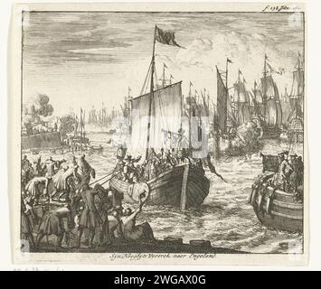 Guglielmo III parte con la flotta in Inghilterra, 1688, 1689 stampe il principe Guglielmo III parte con la flotta da Hellevoetsluis all'Inghilterra, 11 novembre 1688. Il principe dice addio sul molo. Contrassegnato in alto a destra: f: 138 idem 160. Partenza per l'incisione della carta nei Paesi Bassi settentrionali  viaggio a Hellevoetsluis Foto Stock